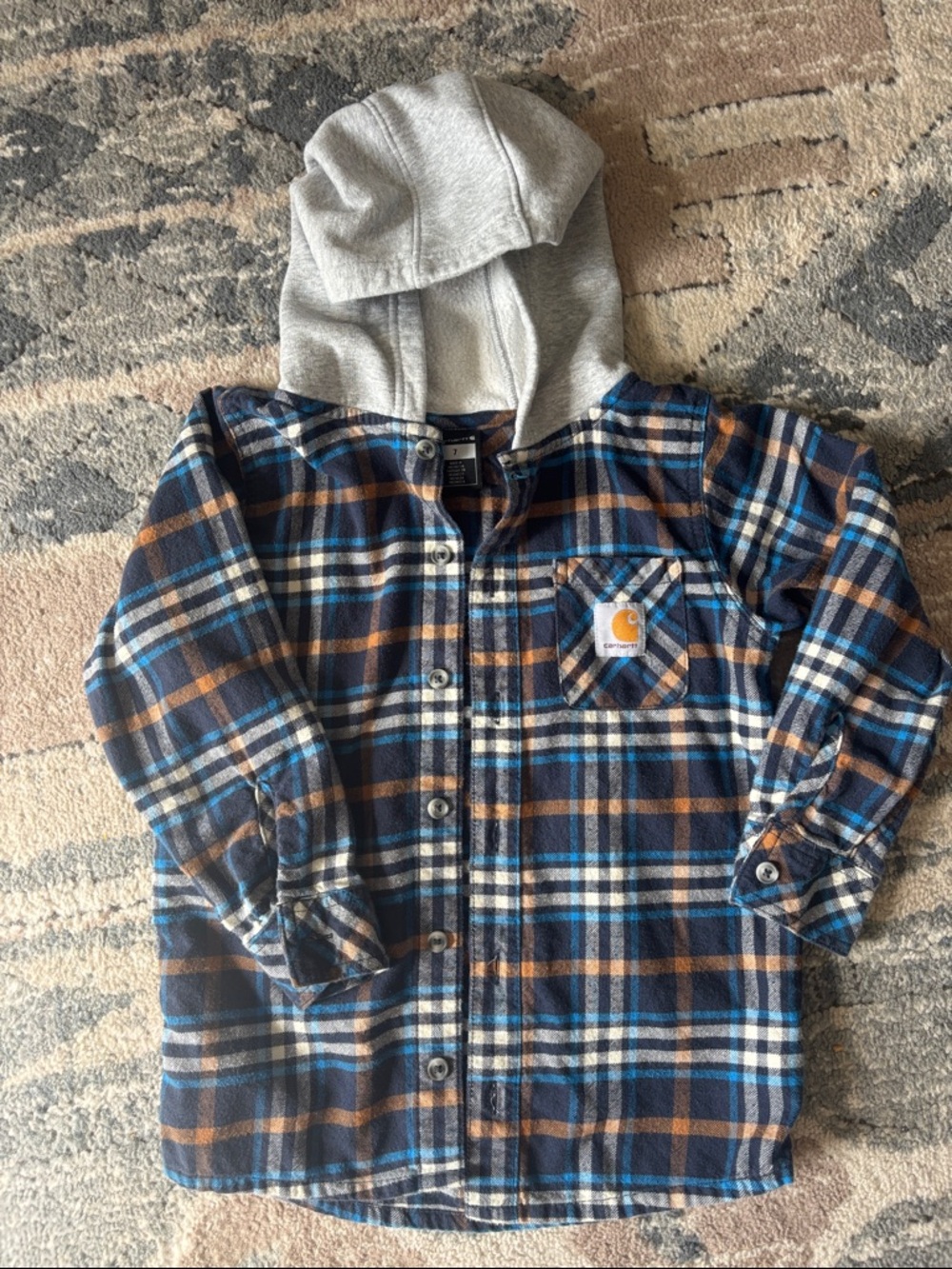 Carhartt Kids Navy, Brown & White Plaid Hooded Button-Down Shirt